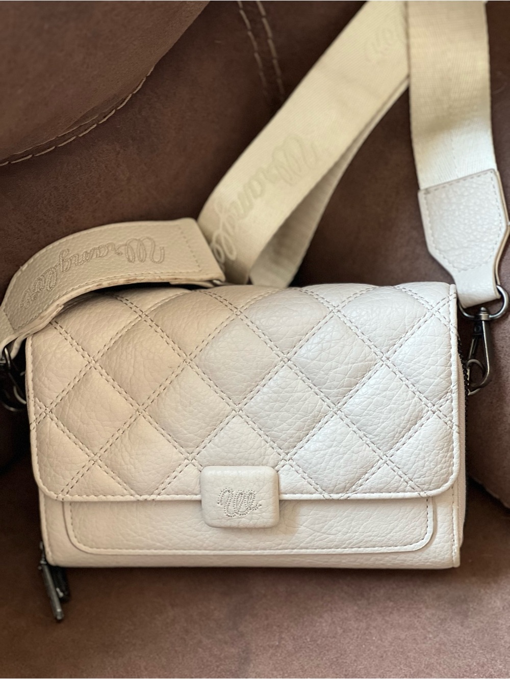 White Quilted Leather Crossbody Bag with Wide Strap